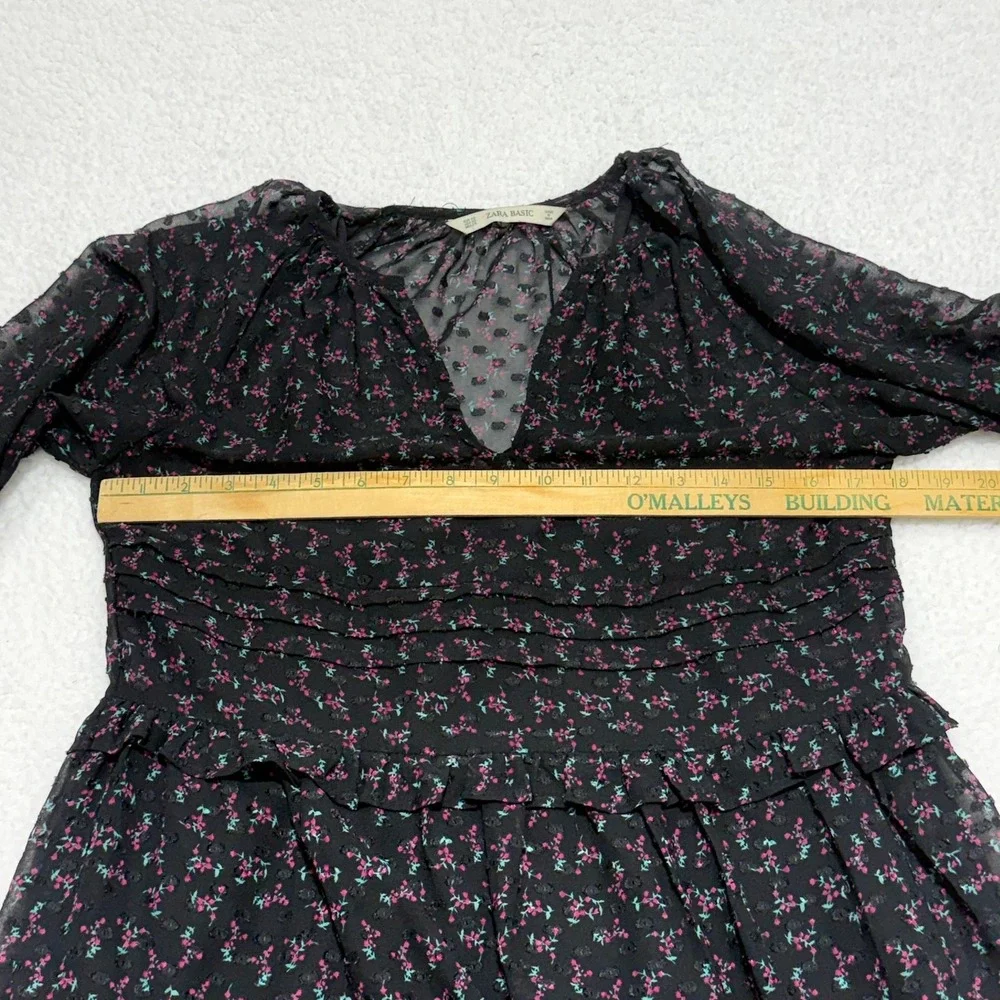 Zara Basic Black Floral Chiffon Mini Dress XS‎ Sheer Long Sleeve Ruffle Trim